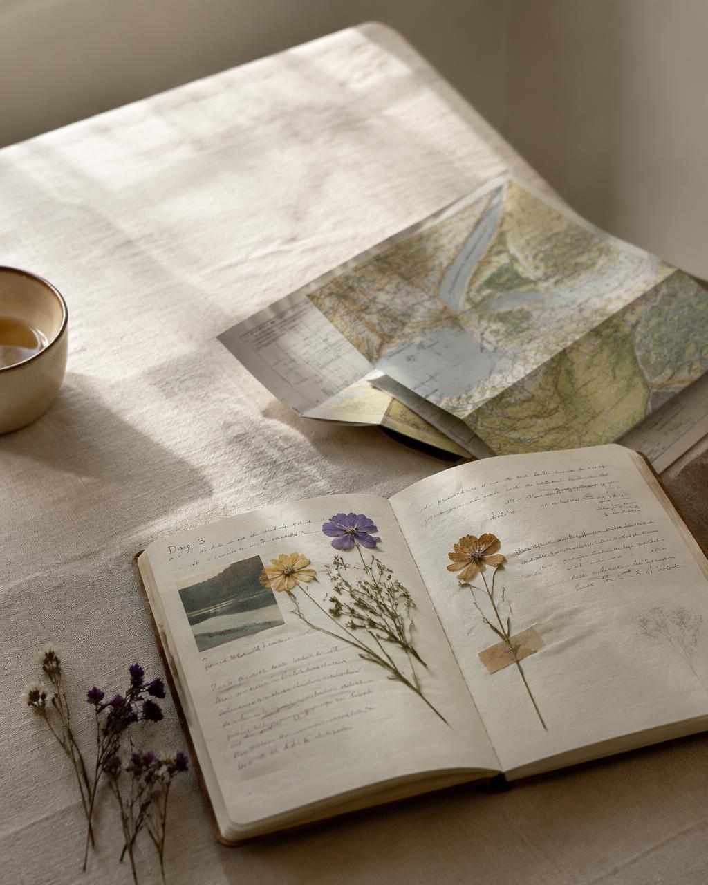 Travel journal with pressed flowers and maps